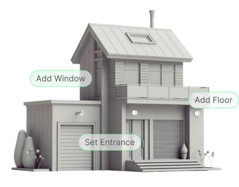 3D model of a house with editable Add Window, Add Floor and Set Entrance controls