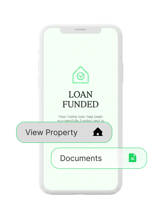 Phone showing a Loan Funded confirmation with View Property and Documents actions